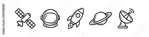 Hand-drawn space icon set featuring a satellite, astronaut helmet, rocket ship, planet Saturn, and satellite dish. Minimalist black line art doodles for space exploration and science themes.