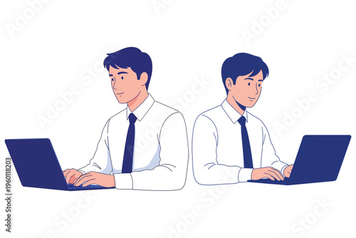Two businessmen working on laptops side by side in a professional setting