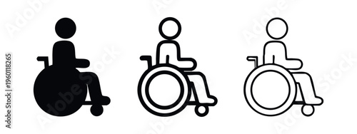 Wheelchair user disability icon set. Handicapped person symbol collection.