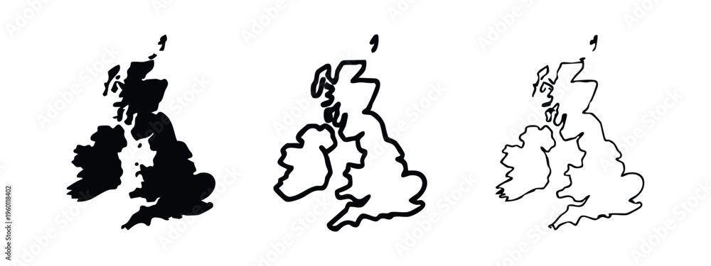 Fototapeta premium UK map vector icons. United Kingdom geographical outline and solid shape for design projects.