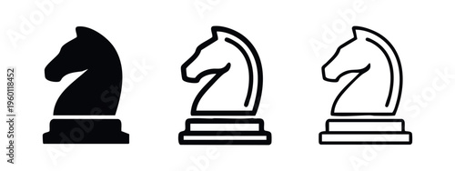 Chess knight icon set. Game piece symbol for strategy, intelligence, and classic board games.