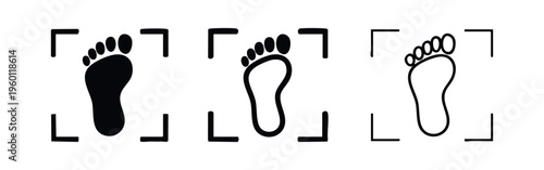 Footprint biometric scan icons set. Human foot identification sign. Biometric recognition symbol in glyph, outline and line style.