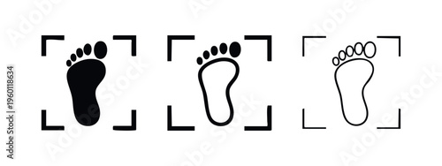 Footprint biometric scan icons set. Human foot identification sign. Biometric recognition symbol in glyph, outline and line style.