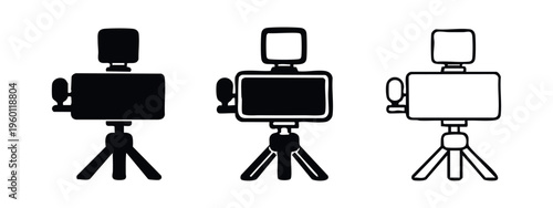 Video camera on tripod icon set, depicting filmmaking, videography, and media production equipment