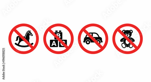 Forbidden Childrens Toys Icon Set Isolated on White Background