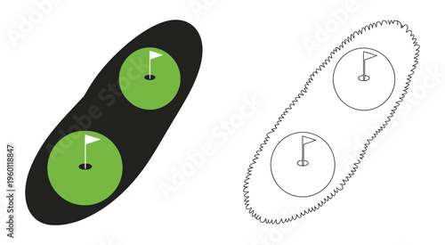 Golf course and kayak outlined in and monochrome styles, minimal line art vector collection for travel, adventure, and sporting event graphics