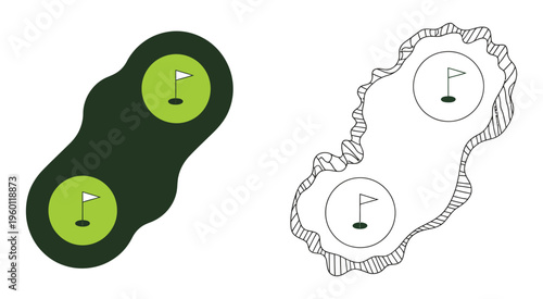Golf course and kayak outlined in monochrome styles, vector illustration for outdoor recreation, sports