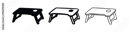 Portable Lap Desk Icon Set for Laptop, Reading, and Breakfast in Solid, Thick, and Thin Outline Styles