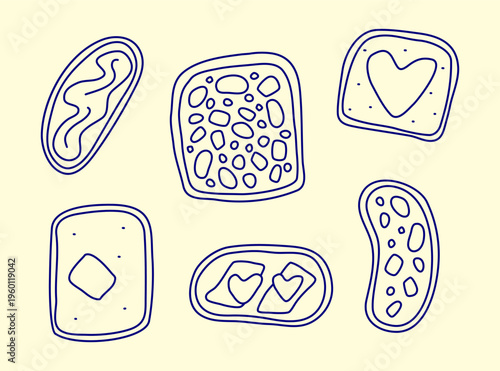 Set of cute hand drawn porous bread slices and sandwiches with butter and jam in Mediterranean line art style isolated on pastel background. Lovely outline breakfast toasts top view.