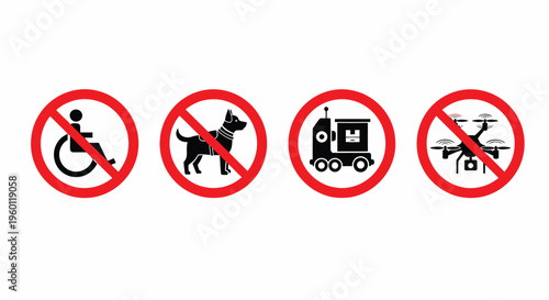 Prohibition Signs Set with No Disabled, No Dogs, No Trains and No Drones Icons Isolated on White Background Free Download Prohibition Signs Set with No Disabled, No Dogs, No Trains and No Drones Icons Isolated on White Background - GFXLoad