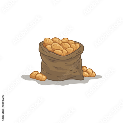 Hand drawn sack of potatoes. Potato in sketch style for packaging and prints, for store. Engraved farm potatoes in burlap sack, bunch. Harvested root crops. Food vector illustration