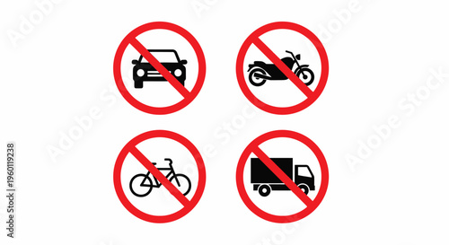 No Vehicles Prohibited Sign Icon Set with Car, Motorcycle, Bicycle and Truck Isolated on White