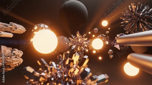 Abstract digital art of golden spheres and particles floating in space.