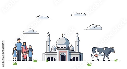 Mosque, family, and cow illustration, Islamic architecture, cultural scene, religious building
