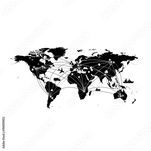 Black silhouette illustration of a world map with connected lines and routes on a white background