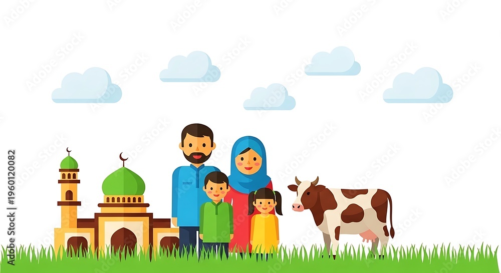 Naklejka premium Muslim family, mosque, cow, green grass, cartoon illustration, flat design, vector graphics