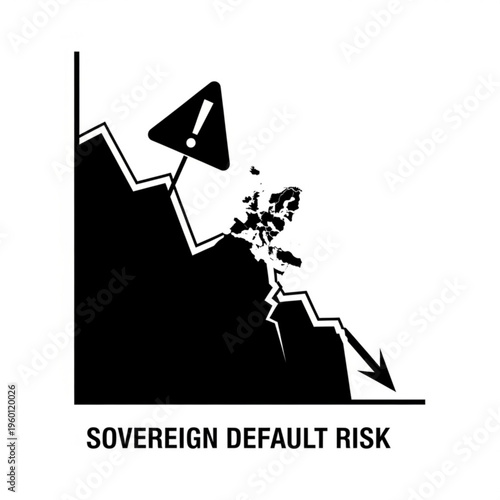 Black silhouette illustration of a declining graph with exclamation mark indicating sovereign default risk.