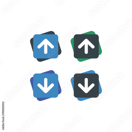 Four simple icons representing up and down arrows on stylized square backgrounds