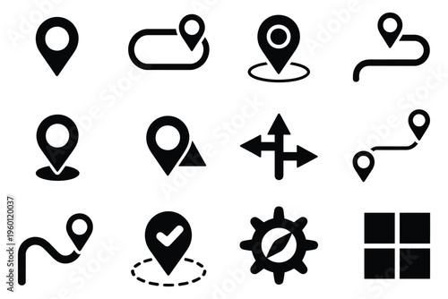 Navigation icon badge set, pin, map, checkpoint, point, branching, waypoint, vector illustration for maps