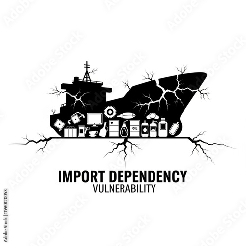 Black silhouette illustration of a cracked cargo ship with import dependency vulnerability concept