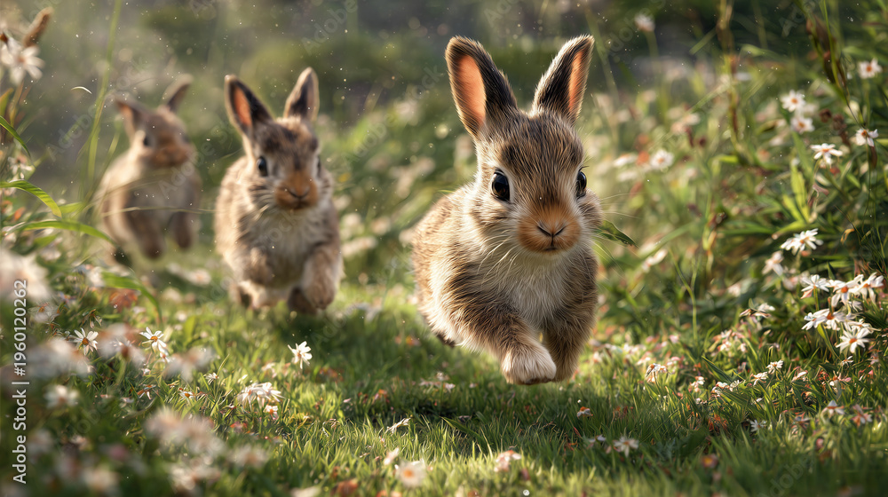 Fototapeta premium Cute rabbits playing and running in spring meadow warm sunlight dreamy nature Easter concept background