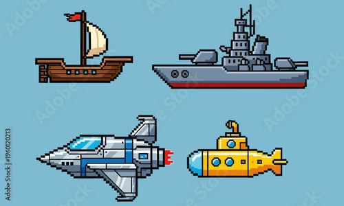 Four pixel art vehicles sail fly and dive across the screen