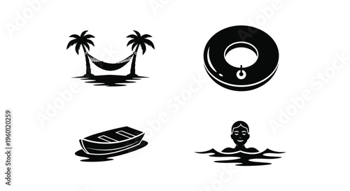 Summer Vacation Icons Set with Hammock, Swimming Ring, Boat and Swimmer, Isolated on White
