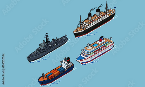 Four ships including a warship and cruise ship sail in formation on calm waters from an aerial viewpoint.