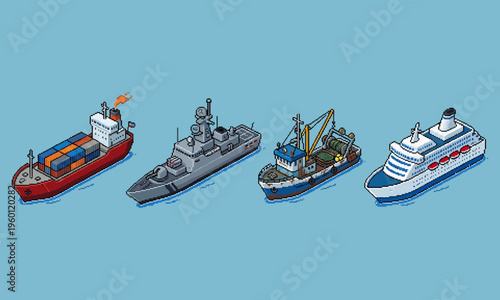 Four different types of ships sail across a calm blue sea on a sunny day.