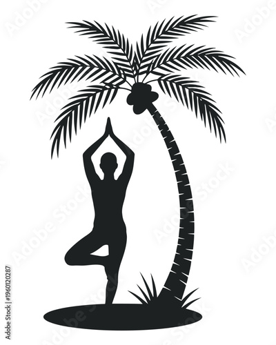 Silhouette of a person doing yoga tree pose under a palm tree with coconuts yoga t shirt