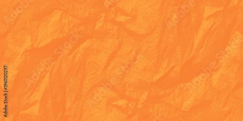 Vibrant orange crumpled paper texture background with realistic creases and shadows for creative design work