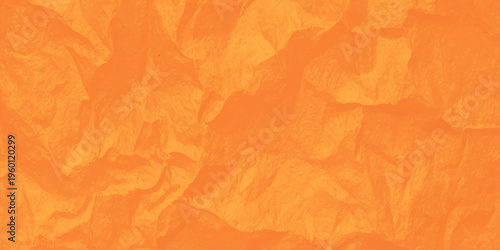 Vibrant orange crumpled paper texture background with realistic creases and shadows for creative design work