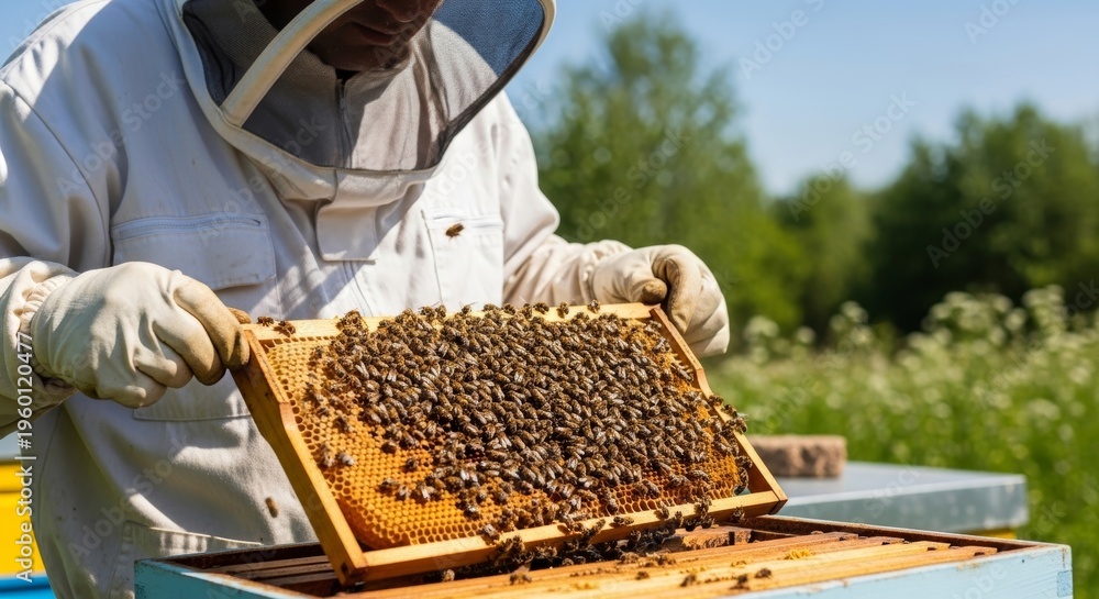 Fototapeta premium Beeman holding beehive frame covered with many honey bees. Professional apiarist working with bee colony for honey production and pollination.