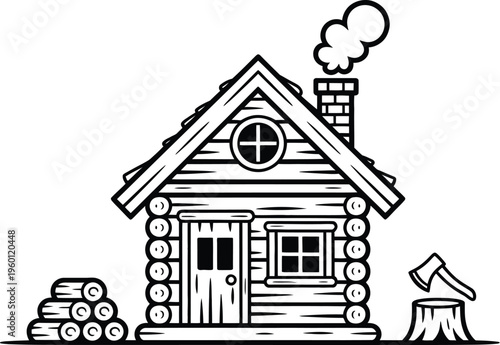 A rustic log cabin with woodpile and axe sits in a serene natural setting.