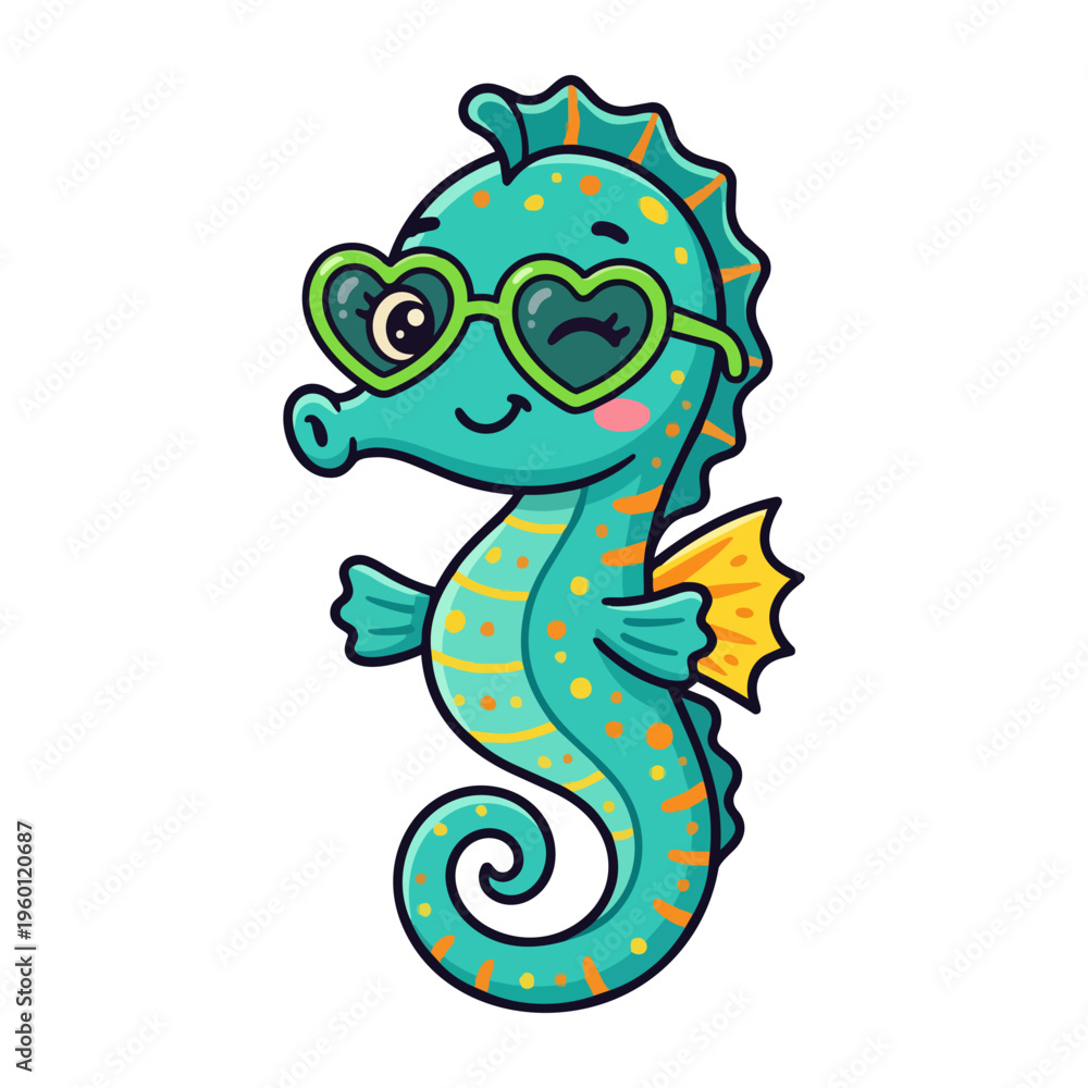 Obraz premium Cute cartoon seahorse wearing heart-shaped sunglasses, whimsical underwater ocean creature illustration, vibrant sea life character design