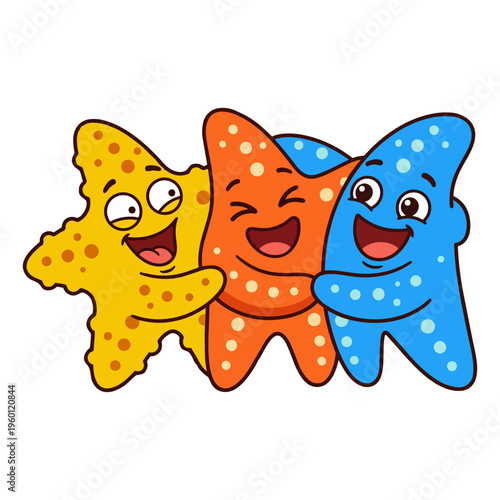 Three adorable cartoon starfish, yellow, orange, and blue, hugging and smiling cheerfully in a playful embrace