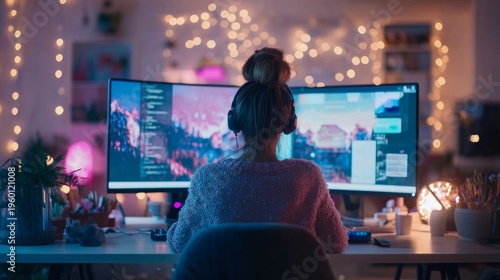 Serene home office scene: Young woman in cozy sweater and headphones deeply engaged with curved computer monitor, bathed in soft glow of string lights and screen light.