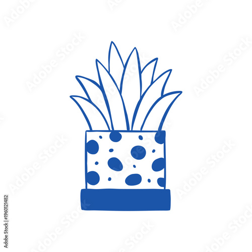 Vector minimalist line illustration of aloe vera in a pot. Hand-drawn house plant isolated on a white background. Outline botanical drawing for poster, card, or packaging design.
