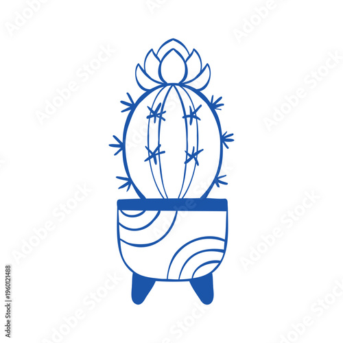 Hand-drawn line illustration of a blooming cactus in a pot. Vector clip art of house plant isolated on a white background. Outline botanical drawing for poster, card, or coloring book. 