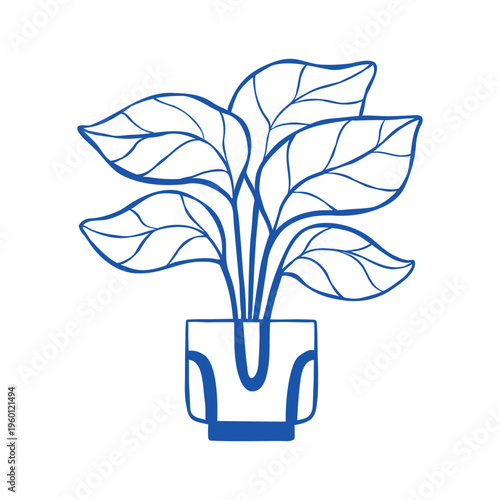 Hand-drawn potted house plant isolated on a white background. Vector line illustration of Epipremnum aureum. Outline botanical drawing for card, poster, decor, or packaging design.