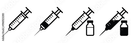 Syringe and vial icons representing vaccination and medical treatment, minimal line art vector collection for clinics