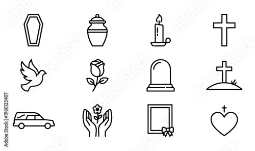 Funeral Line Icons Set – Memorial, Mourning and Burial Service Outline Symbols