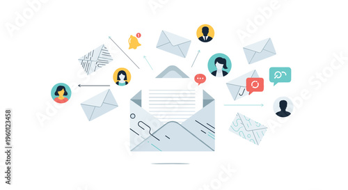 Email Communication Concept with Open Envelope People Icons and Notification Bubbles on a White Background