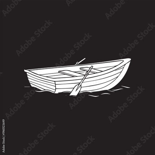 Minimalist black and white rowboat line art icon isolated on white background
