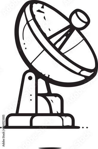 Minimalist black and white satellite dish icon isolated on white background