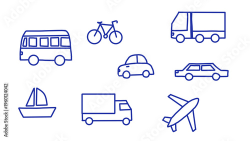 Hand-drawn blue vehicle doodles on white: bus, bicycle, car, truck, plane, boat. Transportation sketch elements for design, transparent.