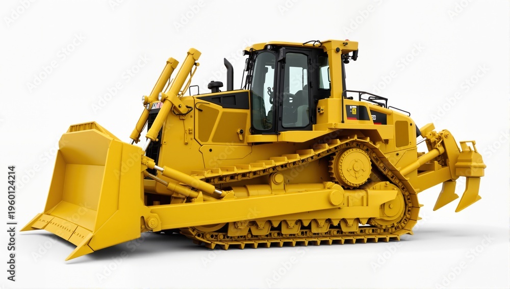 Obraz premium Massive powerful yellow hydraulic bulldozer isolated on white background mooving from right to left. 3D illustration. Side view. 
