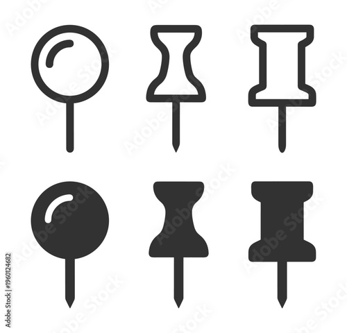 push pins line icons set, stationery office supplies on transparent background