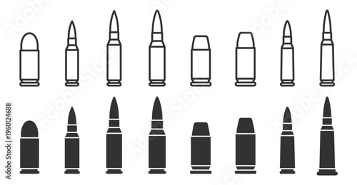 set of gun bullets vector icons different calibers and types on transparent background