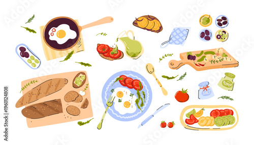 Fresh food and cutlery set. Tasty cooked egg dishes, vegan toast, fresh baguettes, olives and greens. Vector illustration on white background.